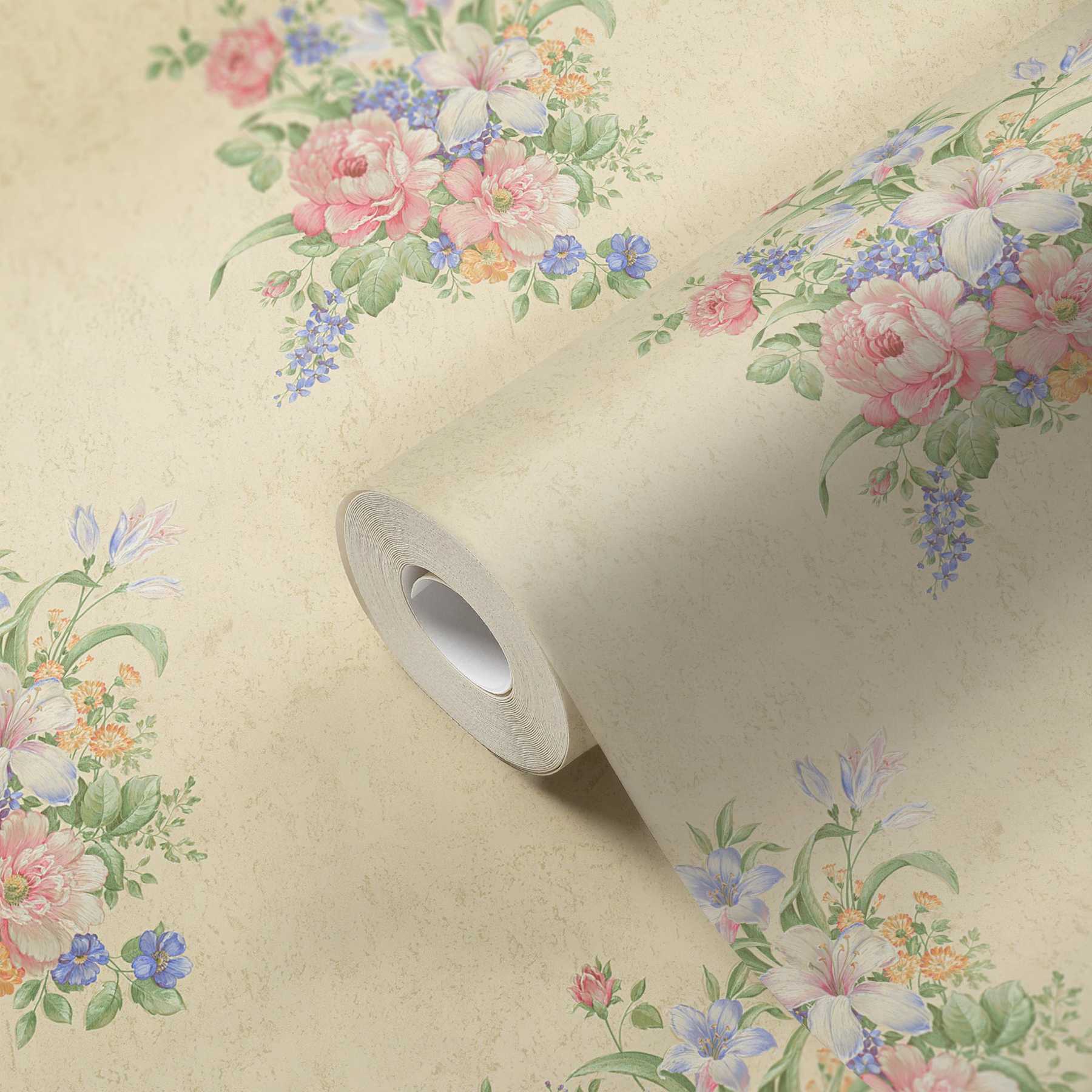             Non-woven wallpaper floral ornaments & textured pattern - cream, green, pink
        