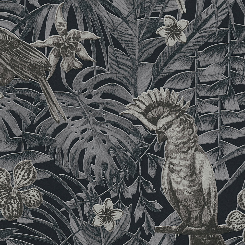             Papier peint exotique oiseaux tropicaux, fleurs et feuilles - gris, noir, crème
        
