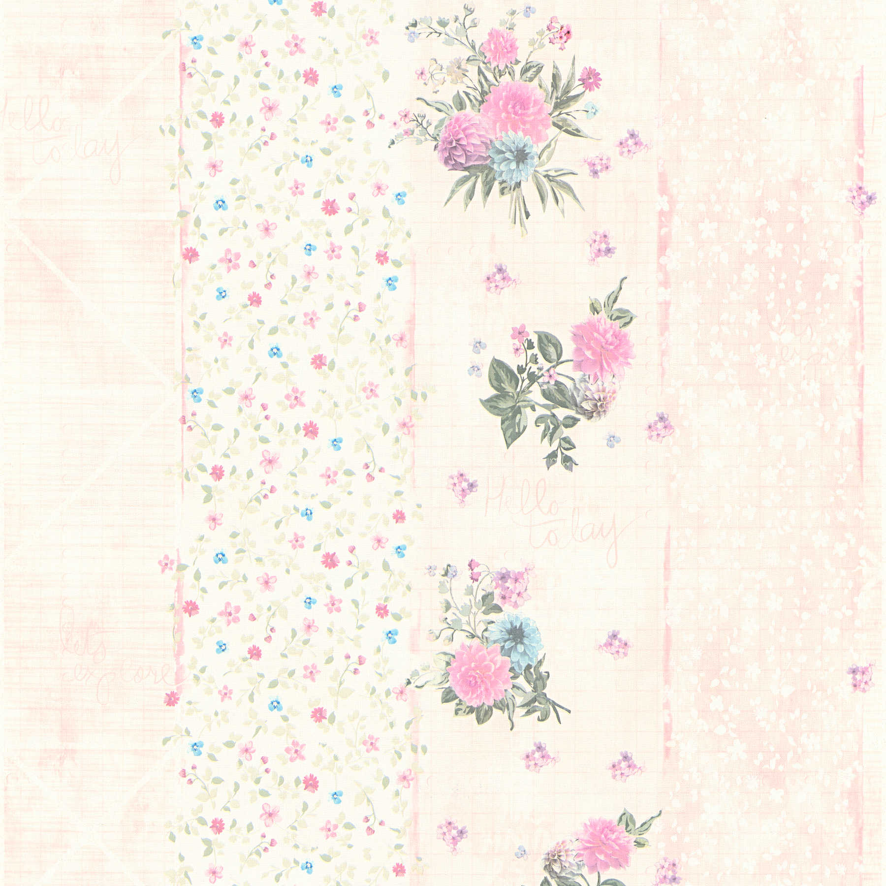 Flowers wallpaper with striped design - colourful, pink
