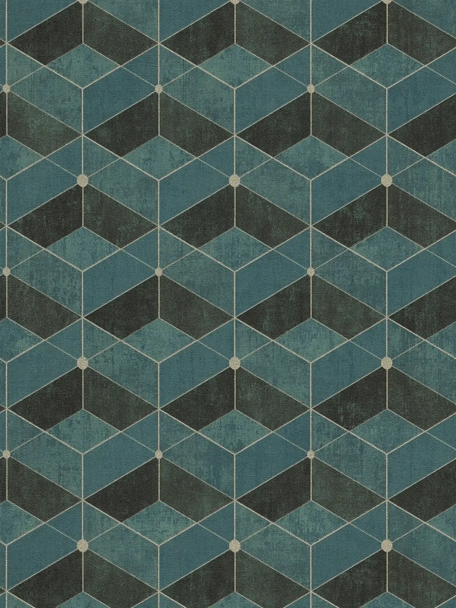 Petrol wallpaper with graphic pattern & metallic accent - blue, green, black
