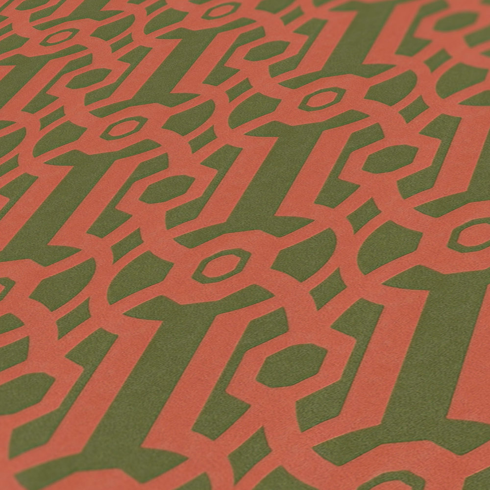             Vliesbehang met grafisch patroon in Engelse stijl - oranje, groen
        