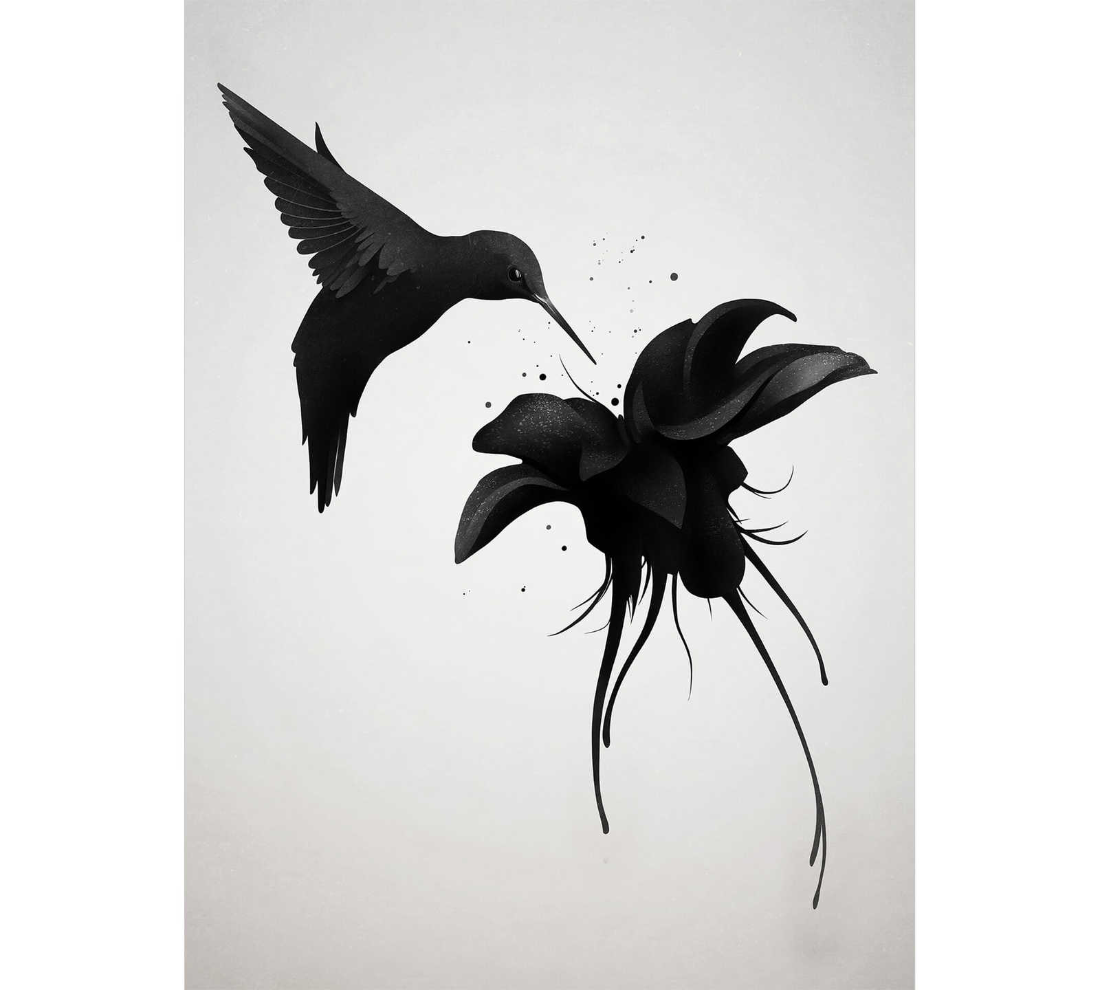 Muurschildering Vogel op Bloem - Zwart, Wit
