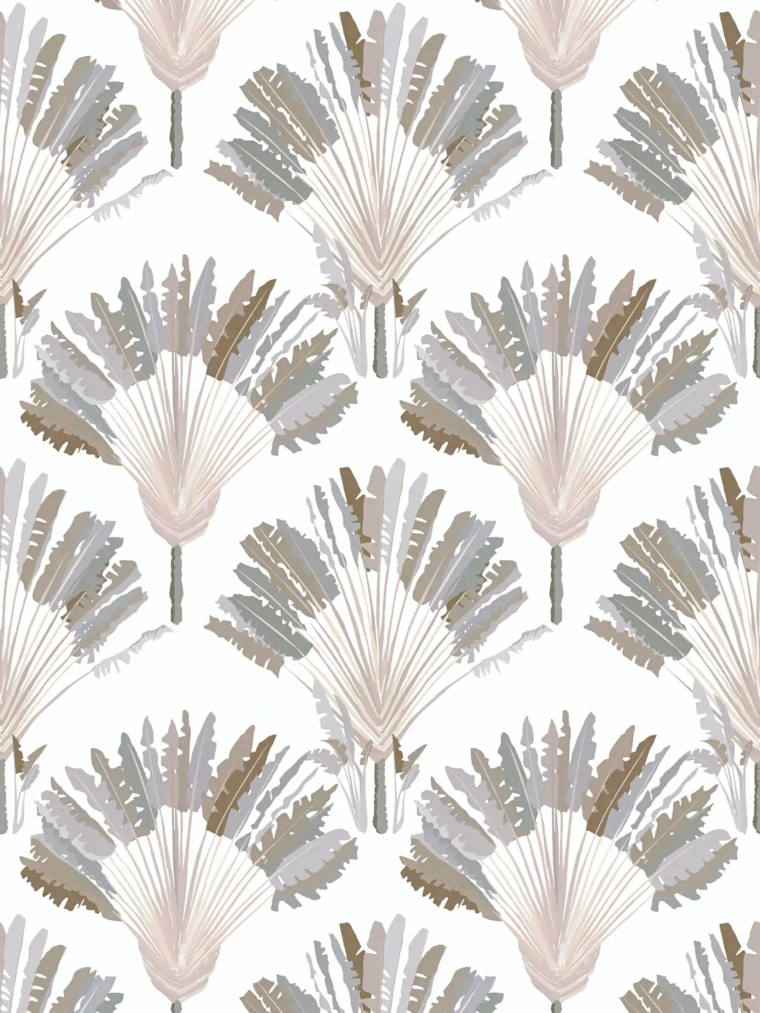 Papel pintado gris-beige con diseño de palmeras y bloques - gris, blanco, marrón
