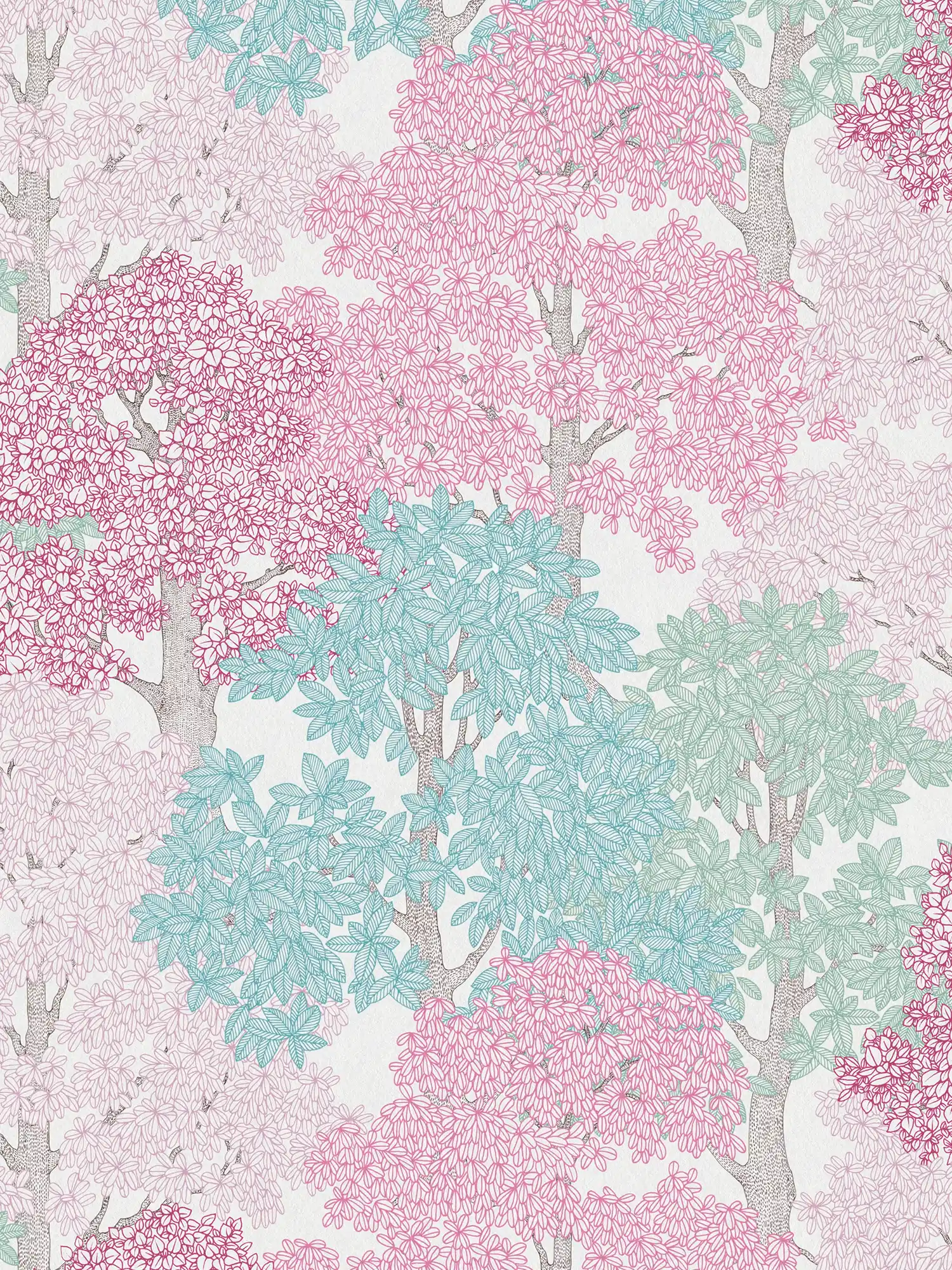 Wallpaper forest design in drawing style with treetops - pink, blue, white
