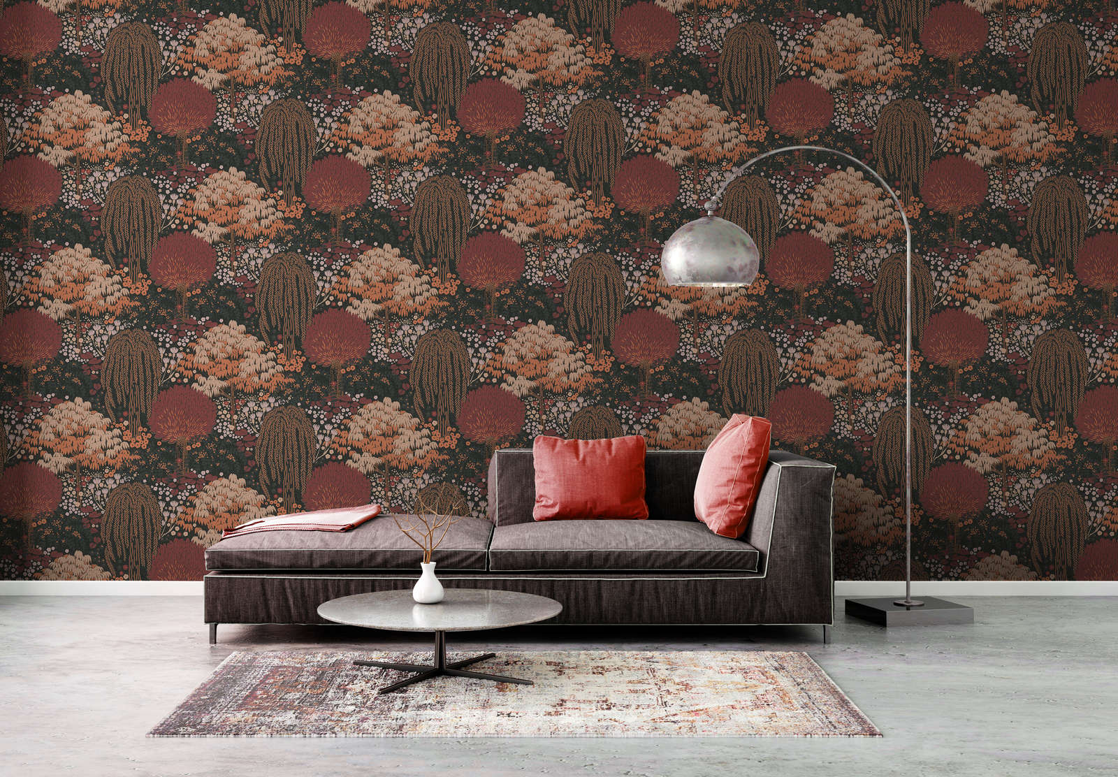             Non-woven wallpaper floral with leaves light textured, matt - black, red, pink
        