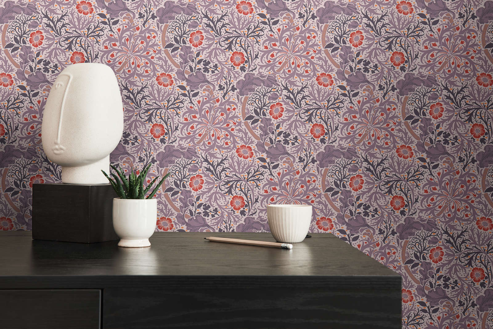             Floral non-woven wallpaper leaves, vines & flowers dotted - purple , red, orange
        