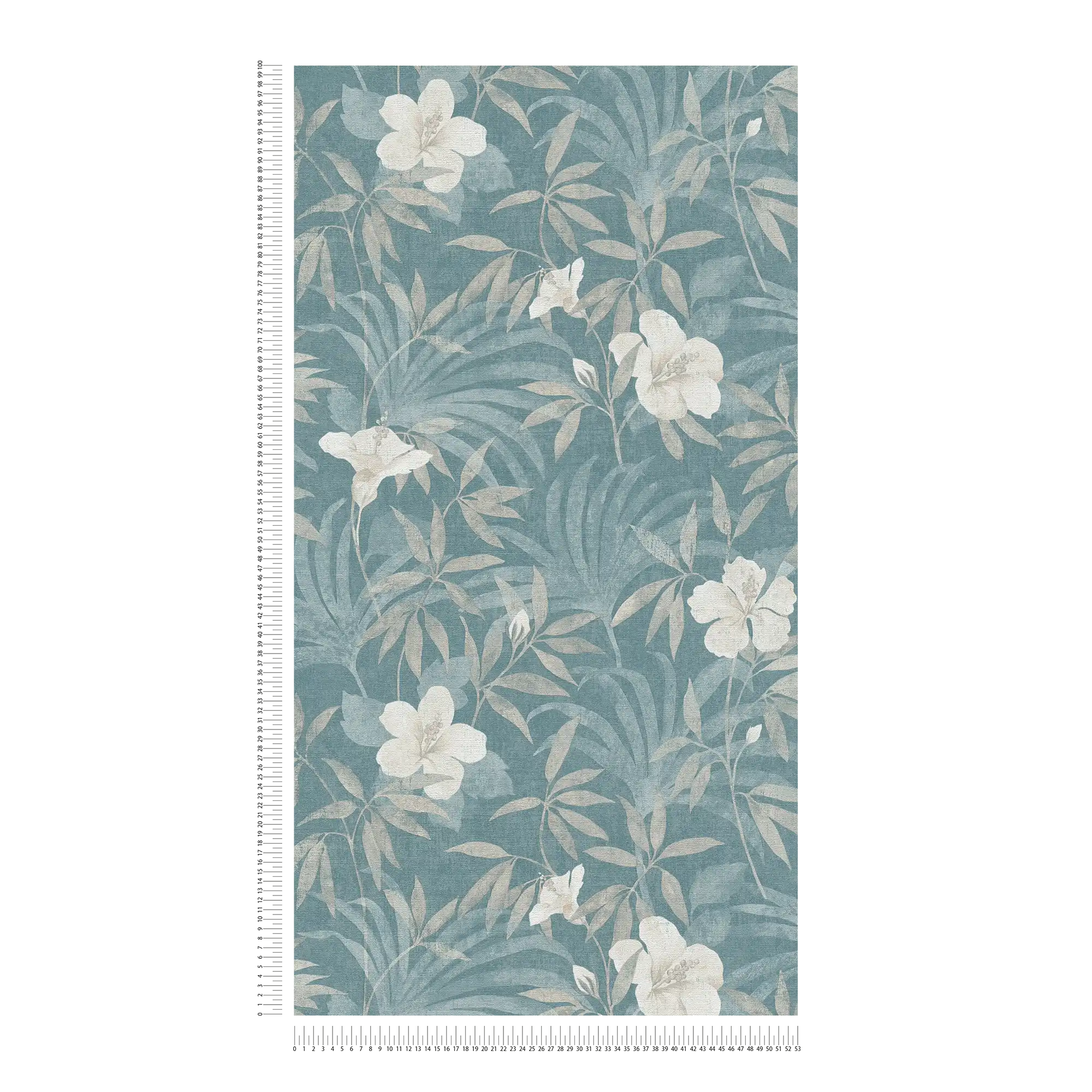             Papier peint pétrole motif jungle avec fleurs d'hibiscus - beige, bleu
        
