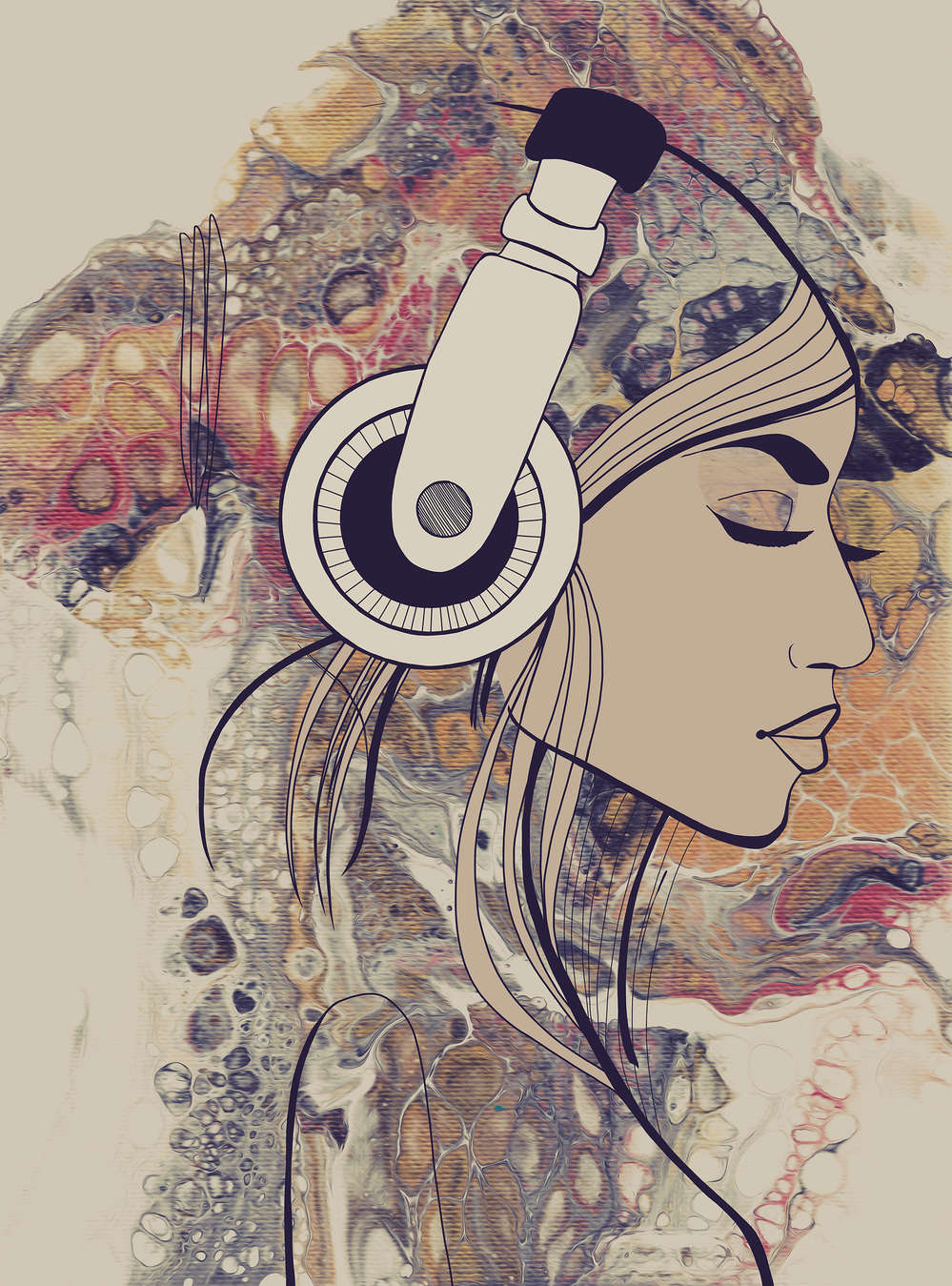             Photo wallpaper acrylic & line art woman figure with headphones
        