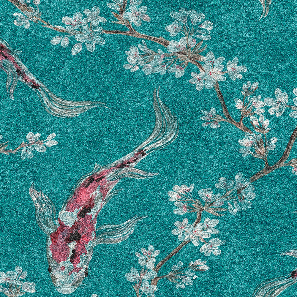             Non-woven wallpaper with koi pattern in Asian style - blue, green, red
        