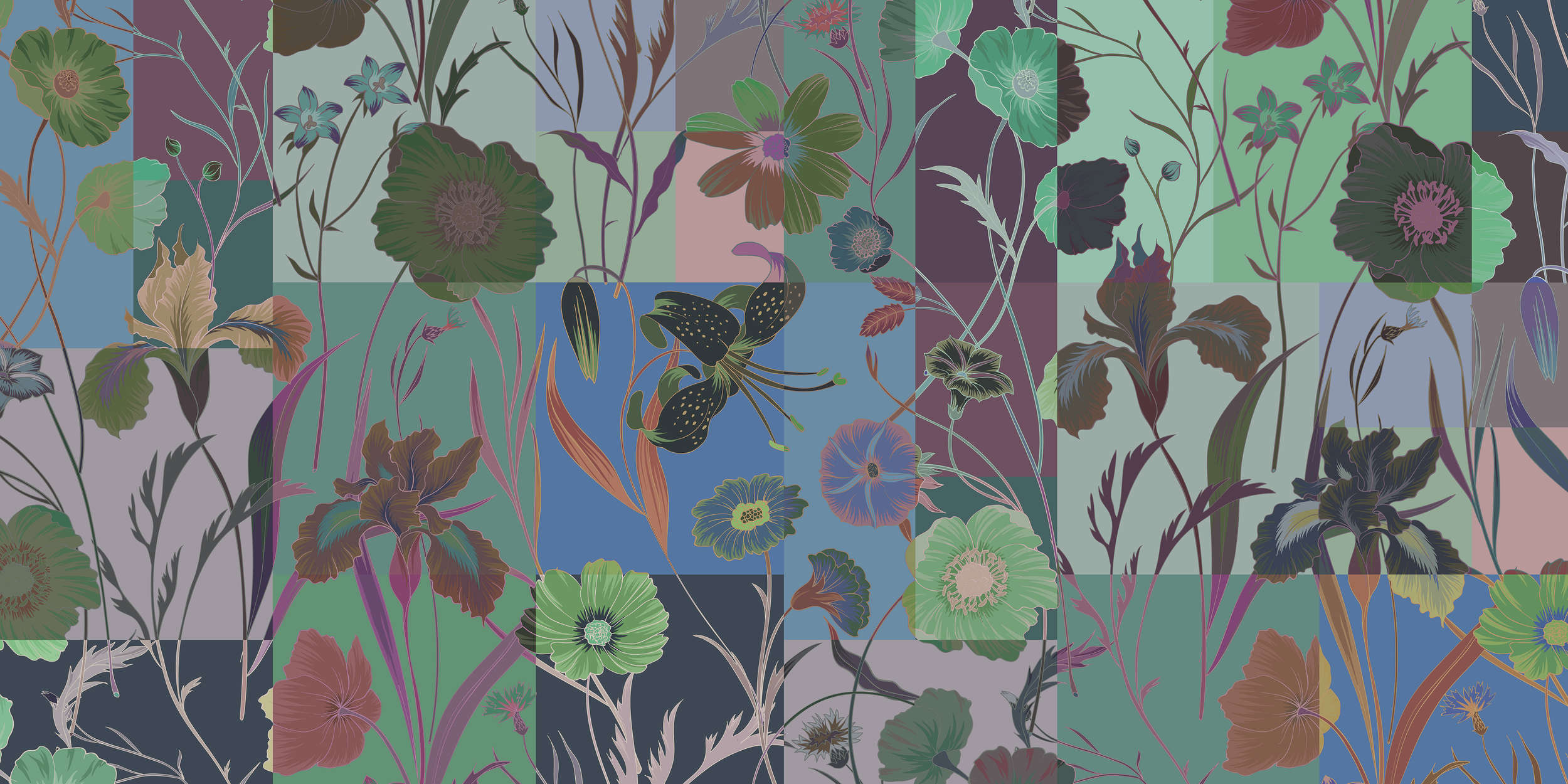             Floral patch 2 - Carta da parati floreale con patchwork di colori - Blu, Verde | Pile liscio opaco
        