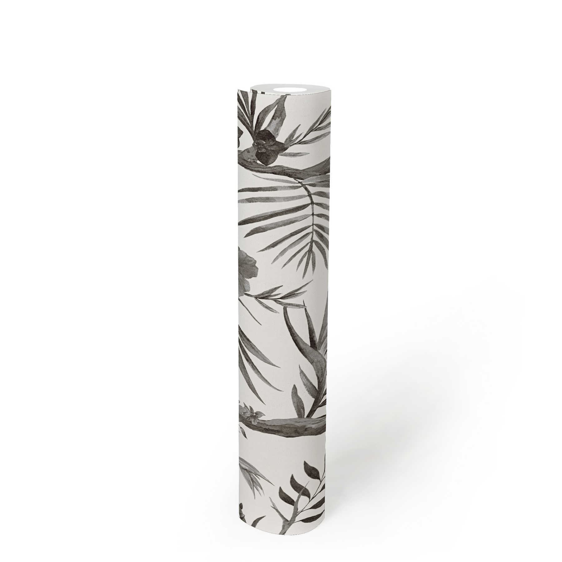             Jungle bloemen vliesbehang in subtiele kleuren - zwart, wit, grijs
        