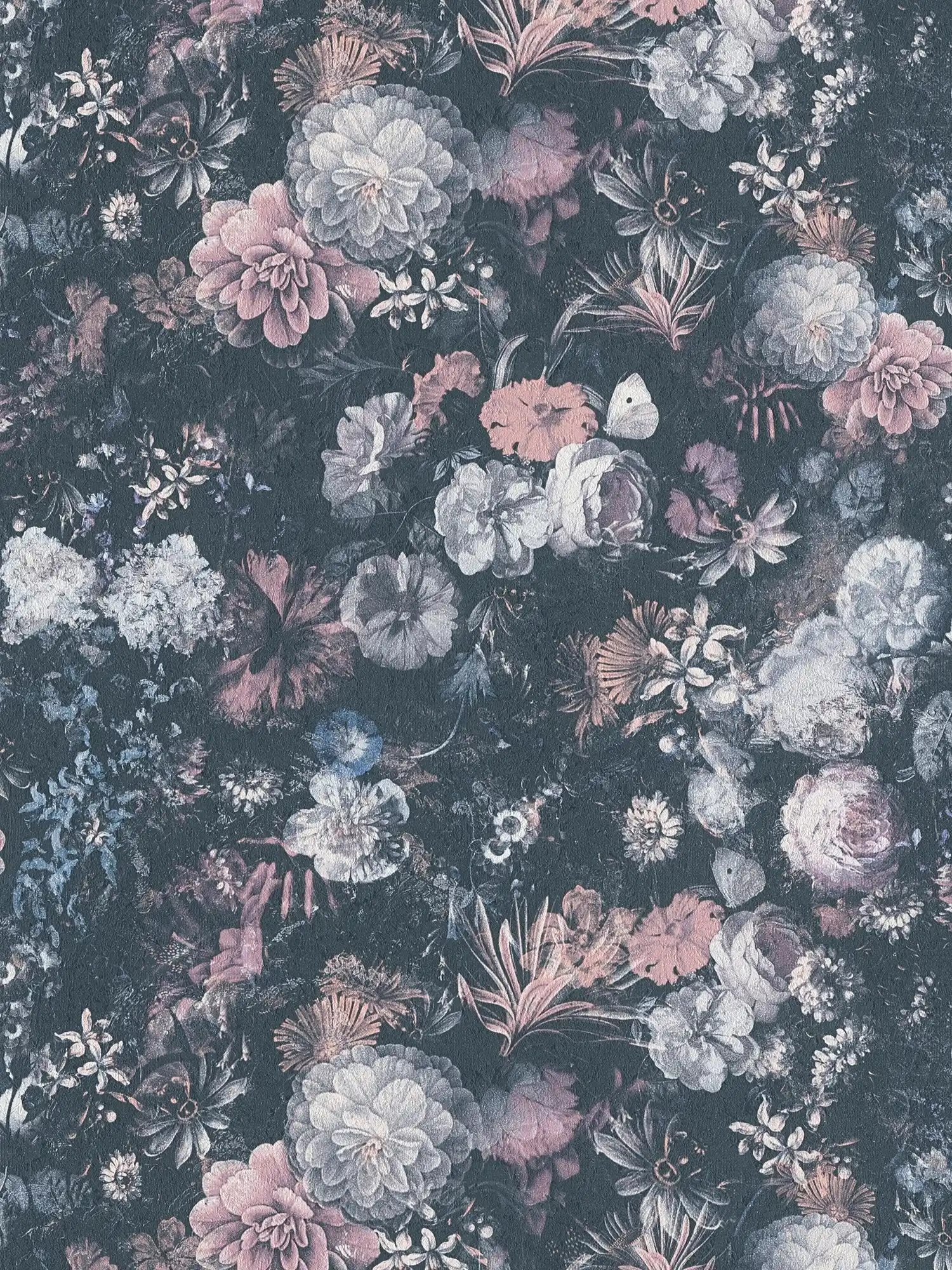 Floral wallpaper roses painting with texture effect - grey, pink
