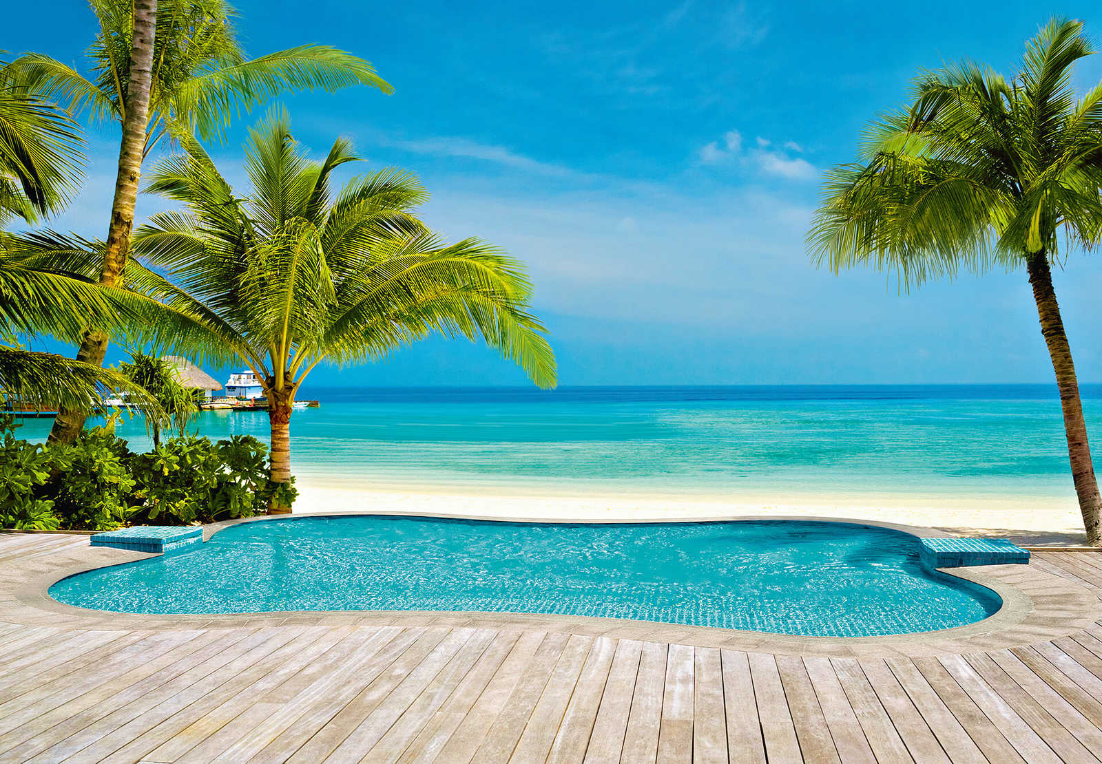         South Seas mural turquoise sea, palm beach & pool
    