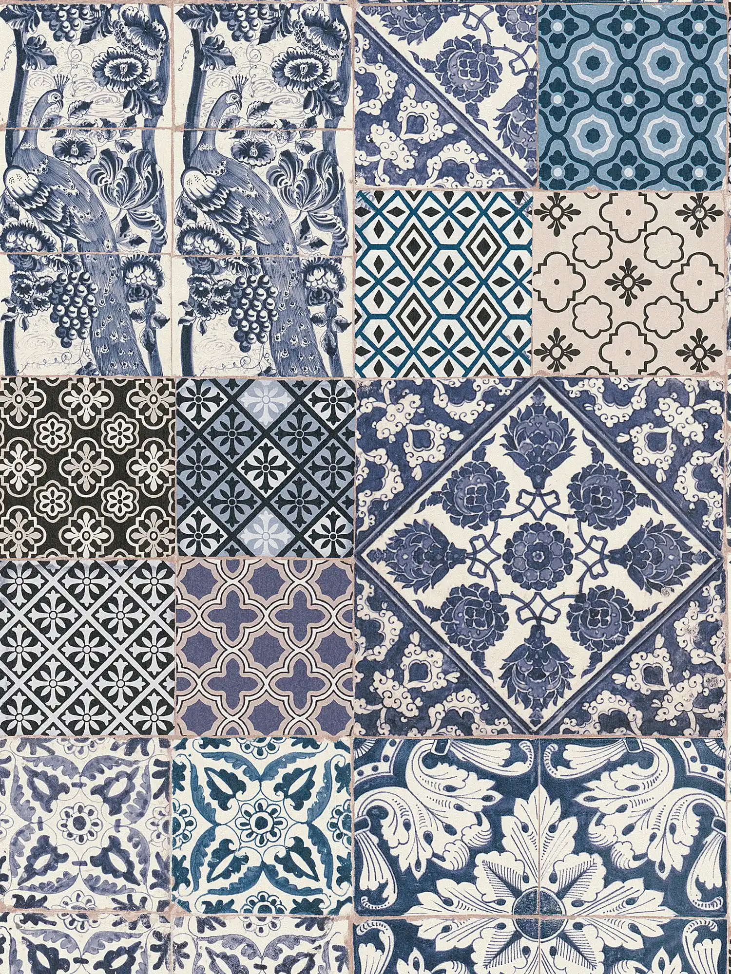             Wallpaper in tile & mosaic design - blue, cream, white
        