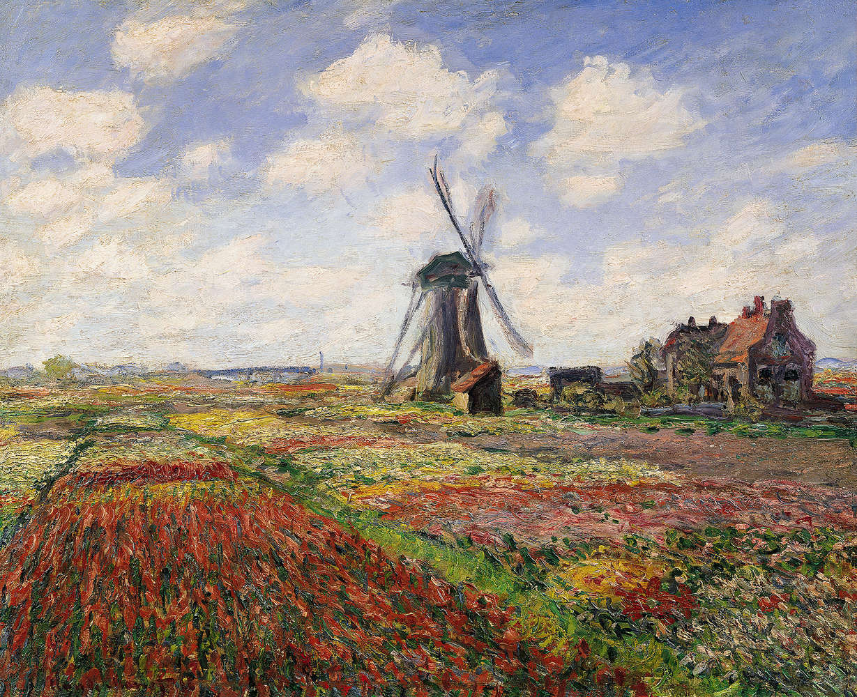             Muurschildering "Tulpenvelden met de molen van Rijnsburg" van Claude Monet
        