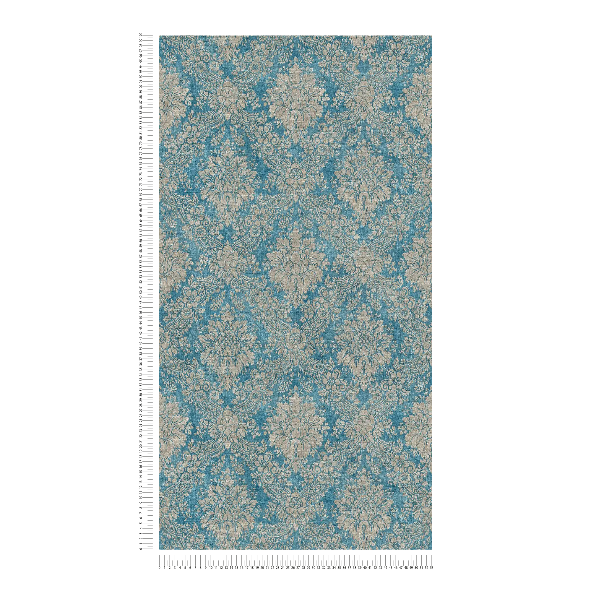             Floral ornament wallpaper with metallic effect & used look - blue, brown, metallic
        