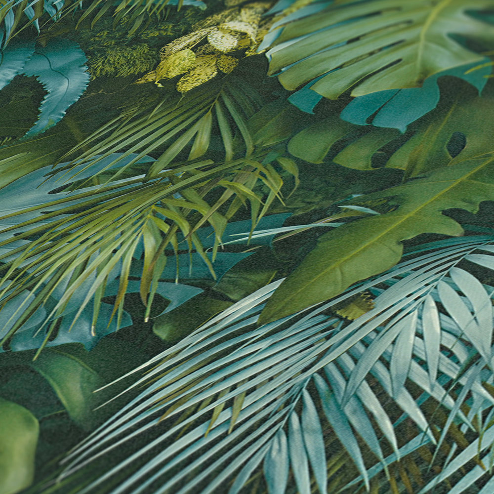             Carta da parati foresta di foglie verdi, realistica, accenti di colore - verde, blu
        