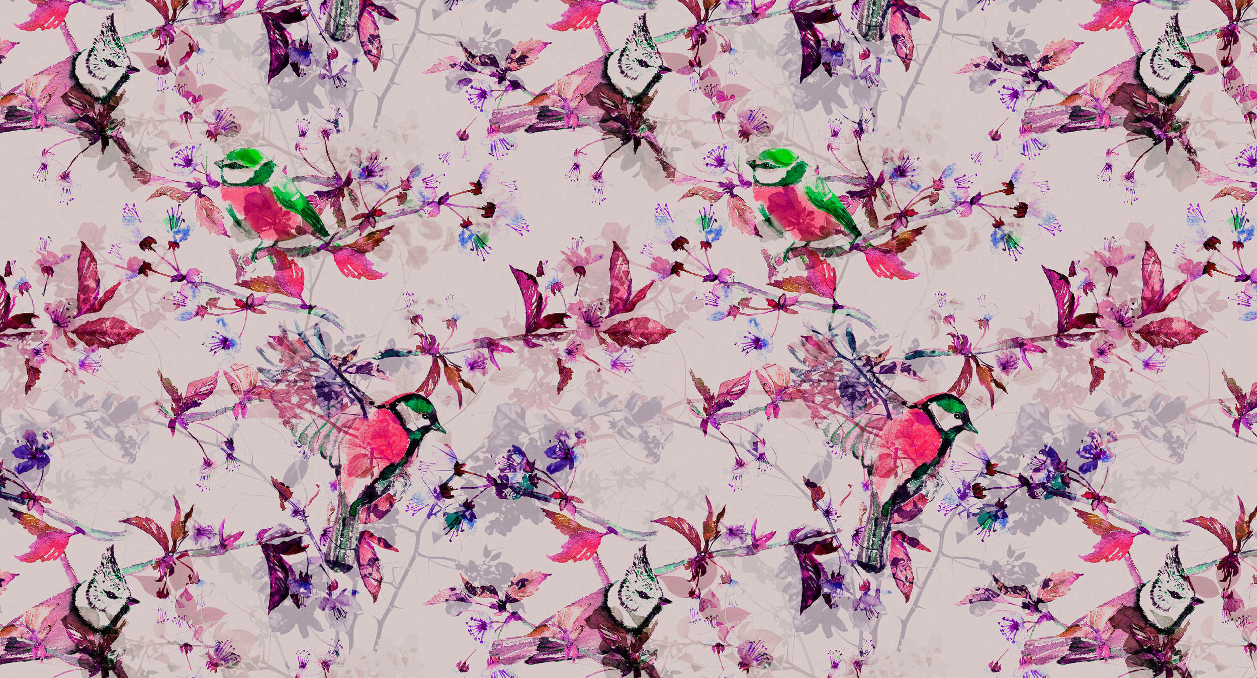             Vogels Collage Stijl Behang - Roze, Blauw
        