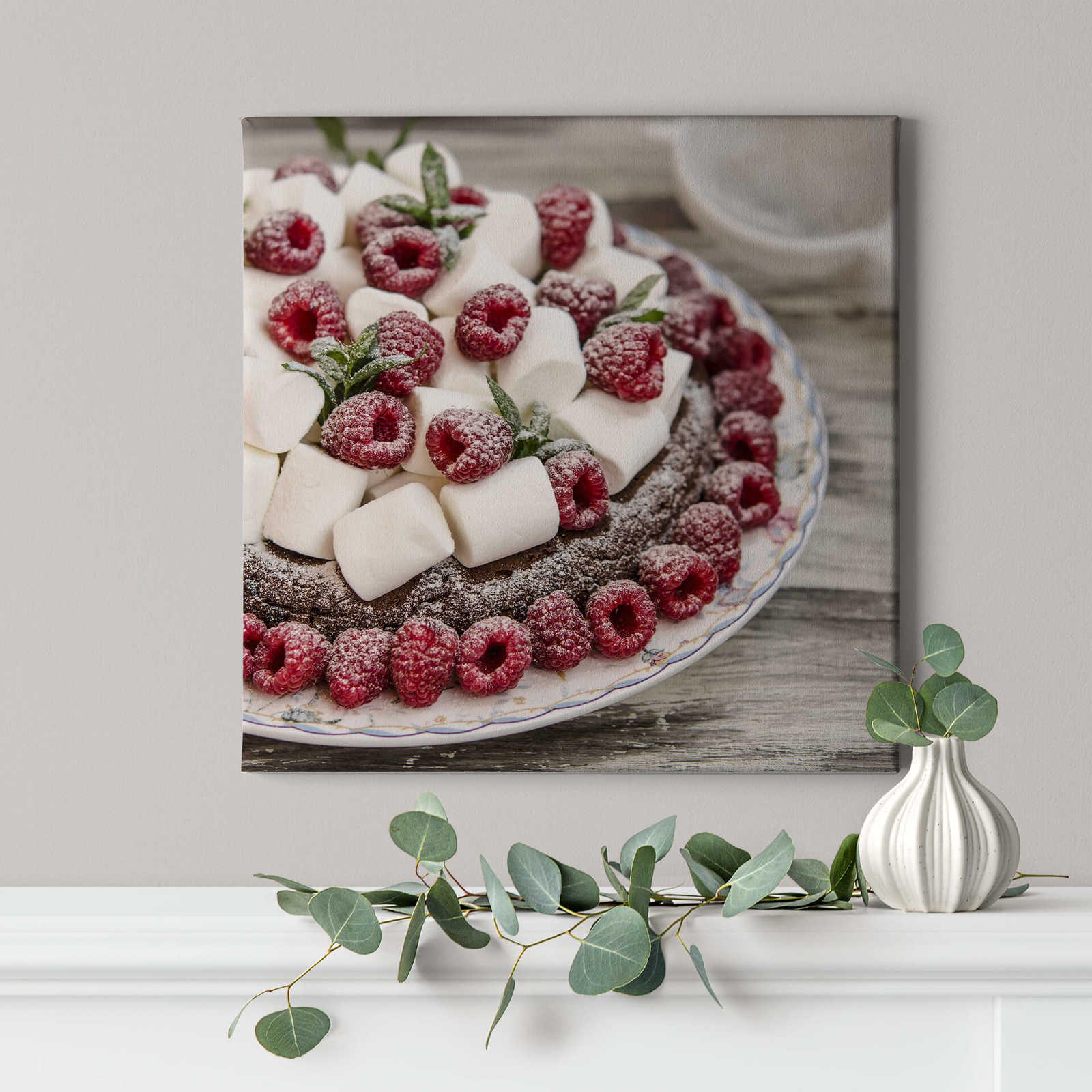             Square canvas print cake with raspberries and sweets
        