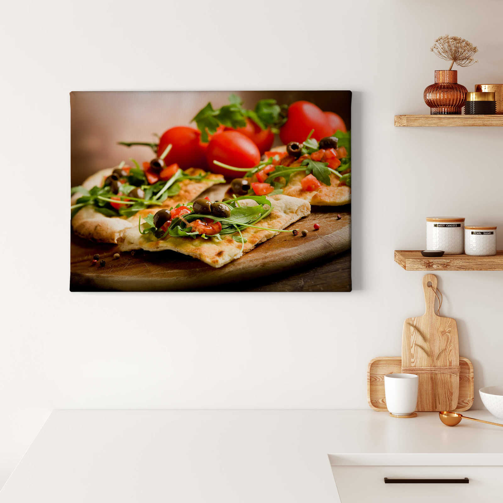             Kitchen canvas print with pizza – colourful
        