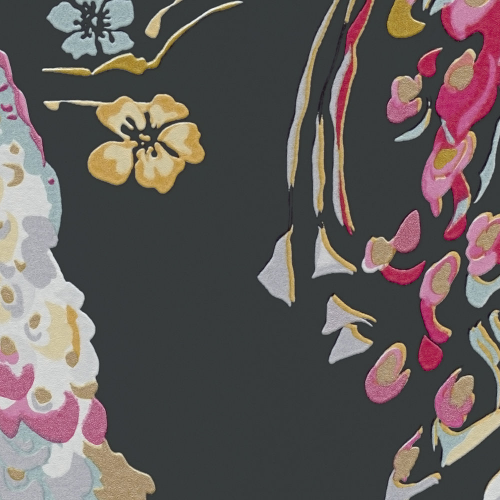             Papier peint intissé avec motif paon brillant & texturé - noir, or, multicolore
        