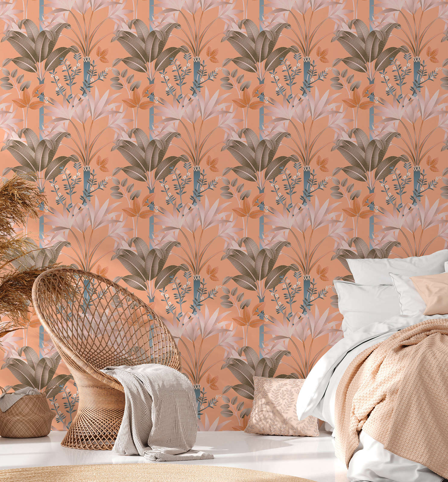             Non-woven wallpaper with leaf pattern - multicoloured, orange, blue
        