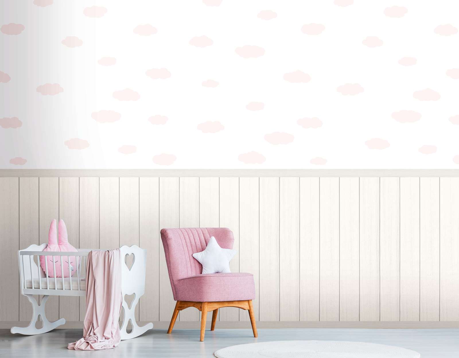             Non-woven motif wallpaper with wood-effect plinth border and cloud pattern - white, pink, grey
        