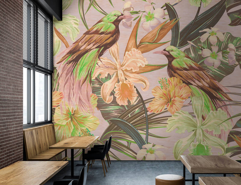             Exotic birds 2 - Photo wallpaper exotic birds & plants- Scratch texture - Beige, Green | Matt smooth fleece
        