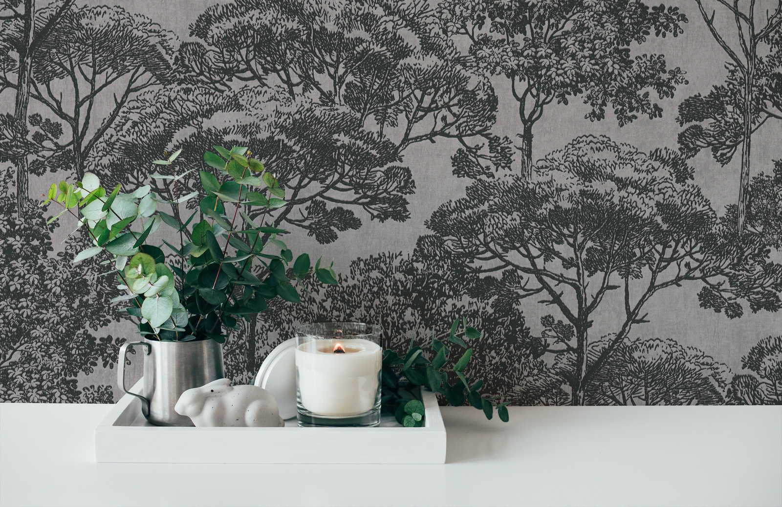            Tree wallpaper linen look in colonial style - beige, black
        