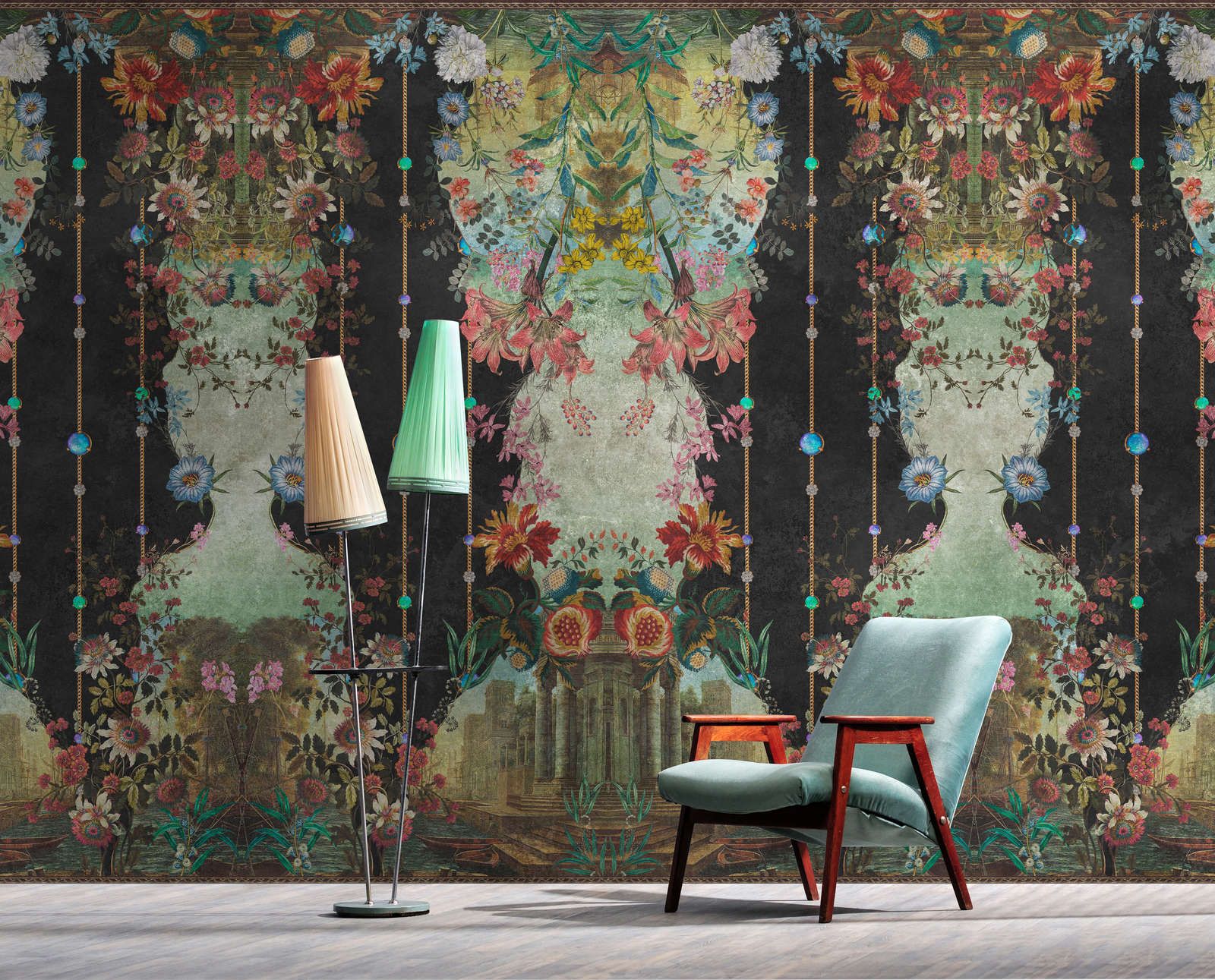             Photo wallpaper »ophelia« - Ornamental panelling with floral design on vintage plaster texture - Matt, smooth non-woven fabric
        