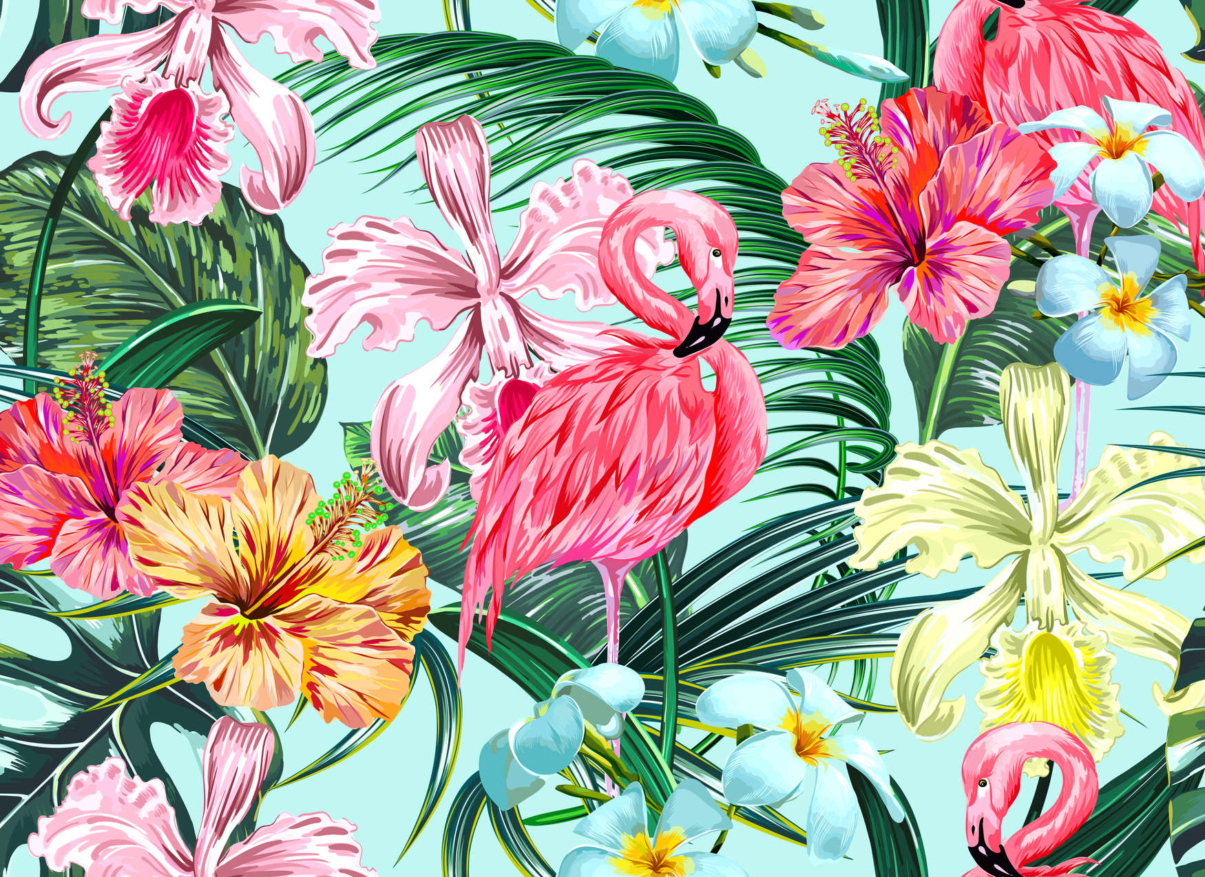            Papier peint tropical avec flamant rose - multicolore, bleu, vert
        