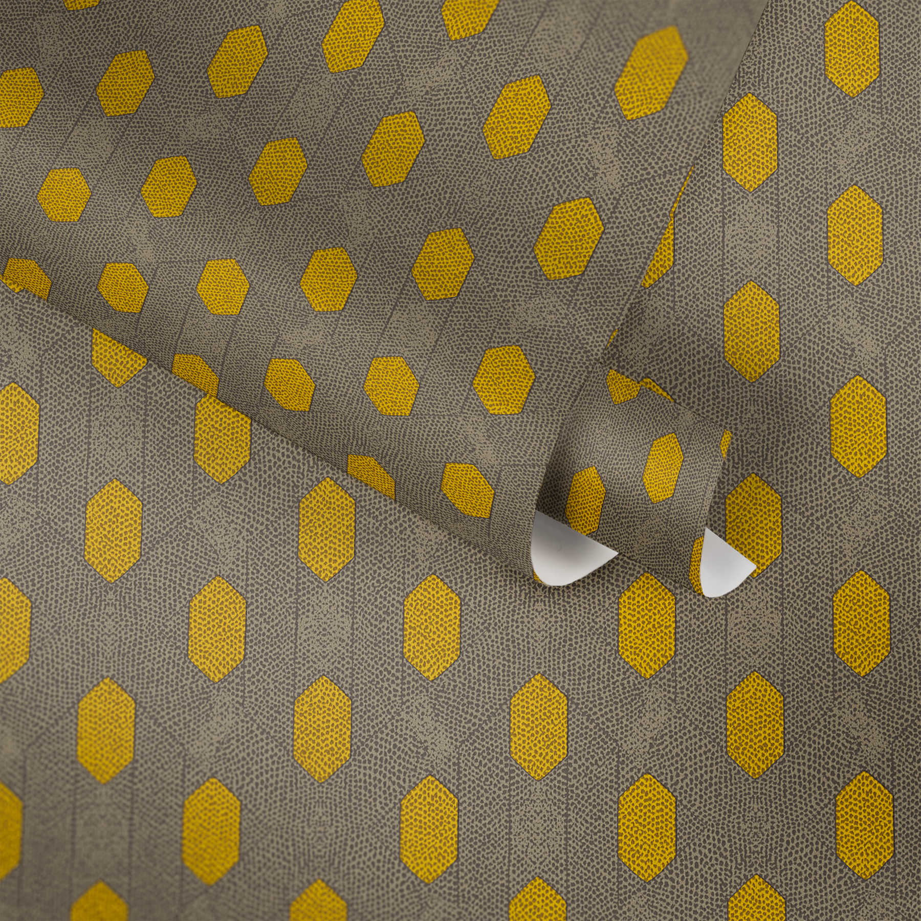            Carta da parati in tessuto non tessuto con motivo geometrico a punti - giallo, grigio, marrone
        