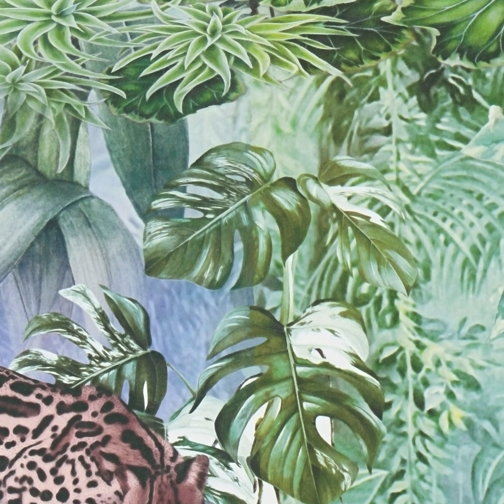             Papel pintado floral animales y plantas de la selva - verde, gris
        
