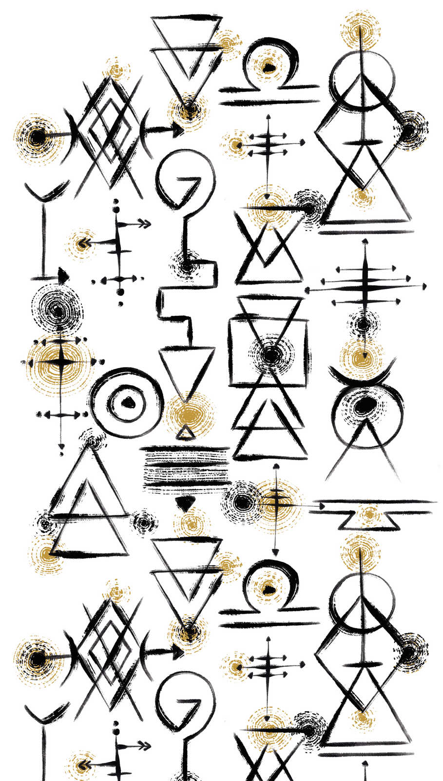             Wallpaper with abstract symbols on a light background - white, black, gold
        