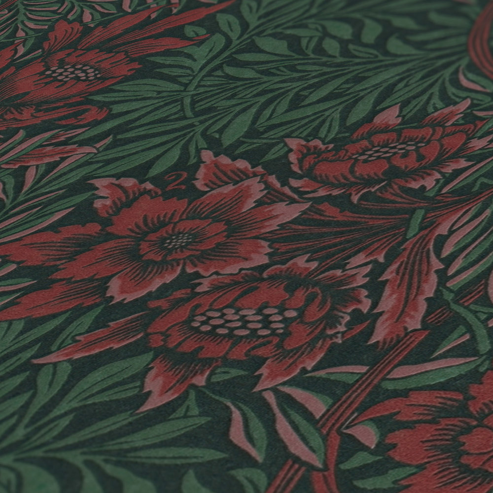             Non-woven wallpaper with floral pattern large flower and tendrils - green, red, black
        