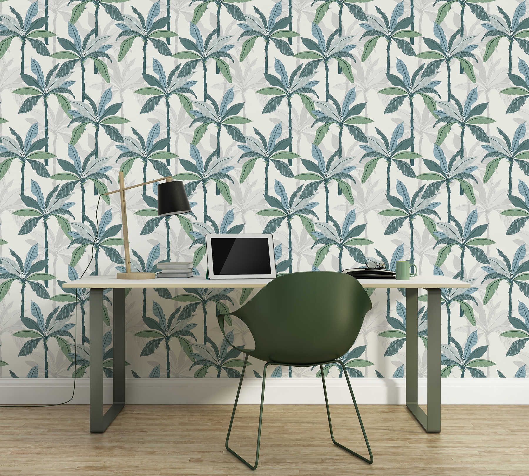             Tropics wallpaper with palm tree design - blue, green, white
        