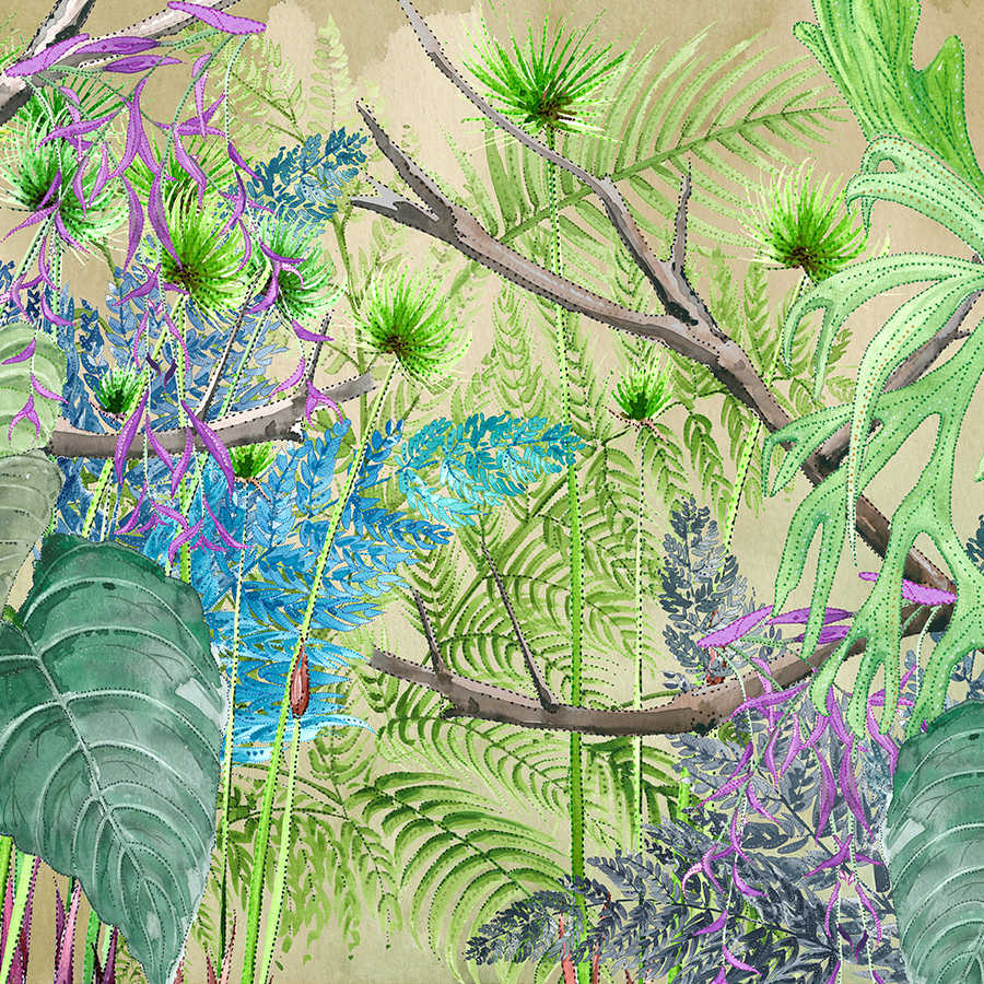 Carta da parati Jungle con fiori in blu e verde su vello liscio madreperlato
