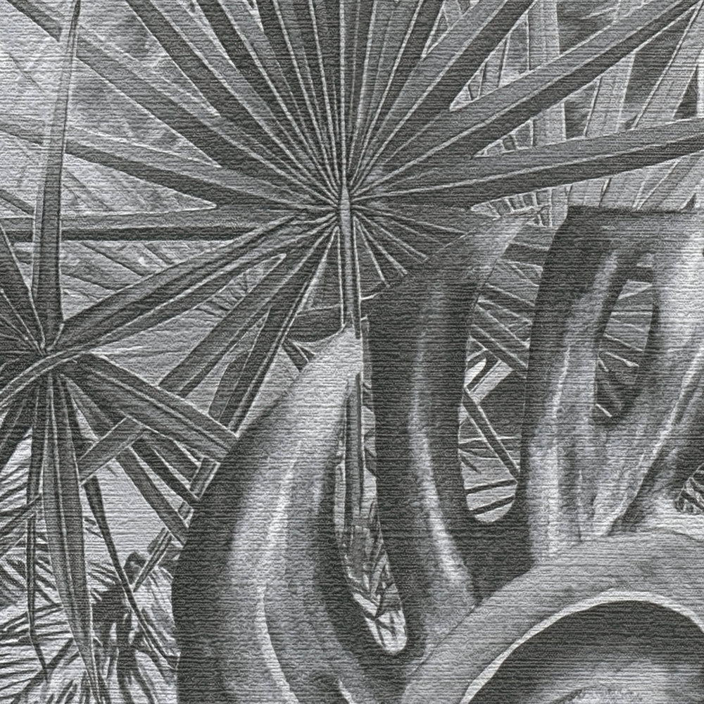             Papier peint noir et blanc motif jungle avec palmiers
        