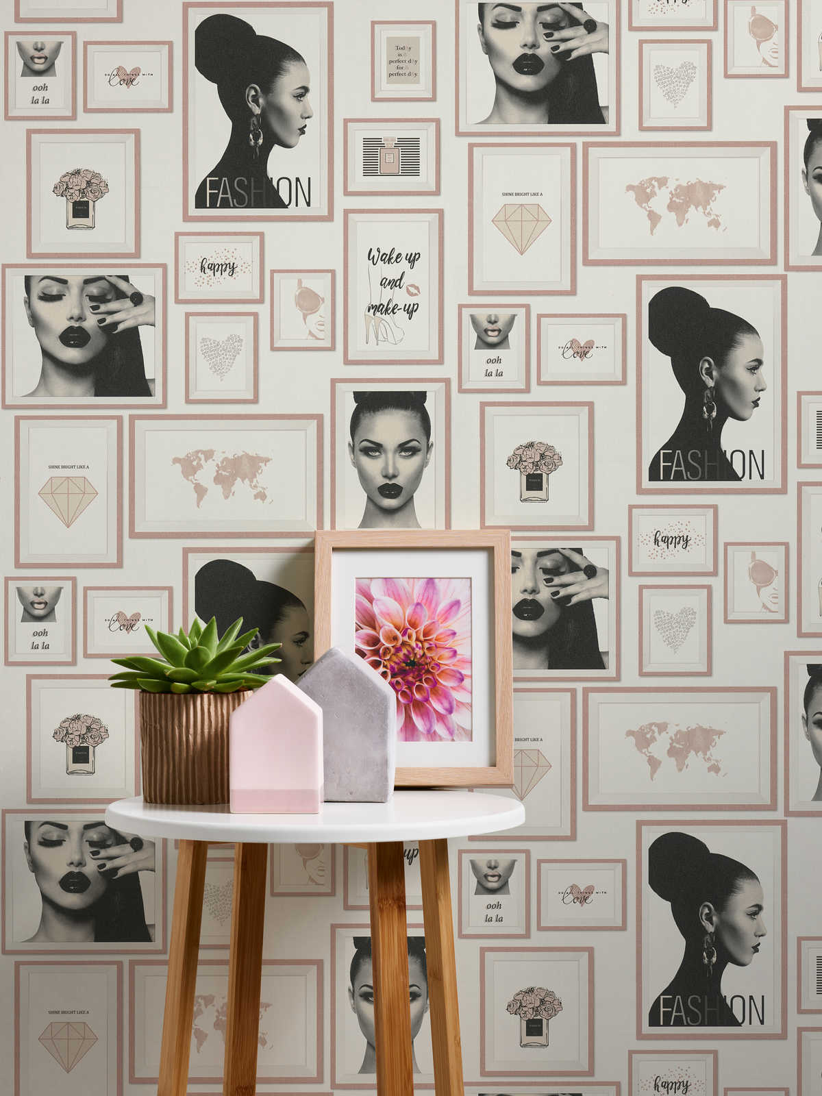             Papel pintado de diseño de moda con decoración de pared - rosa, negro, blanco
        