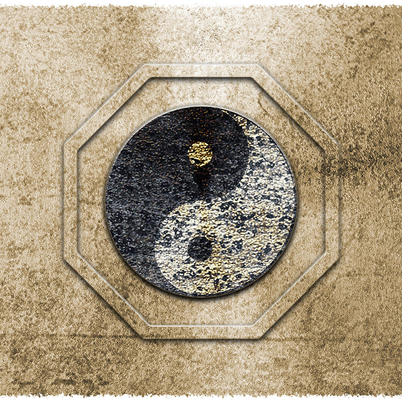 Yin&Yang, carta da parati con simboli asiatici e accenti dorati - Marrone, nero, bianco
