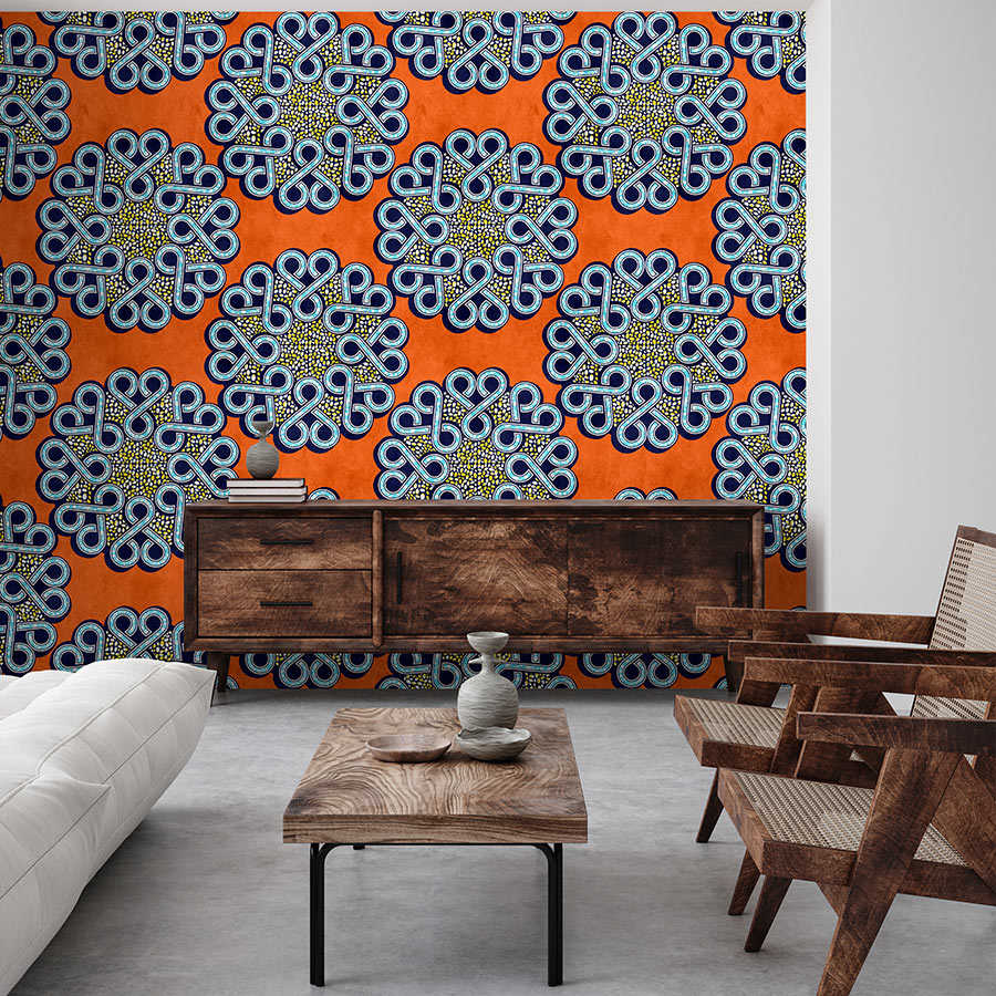 Dakar 2 - Aftican photo wallpaper wax fabric pattern Orange, Blue
