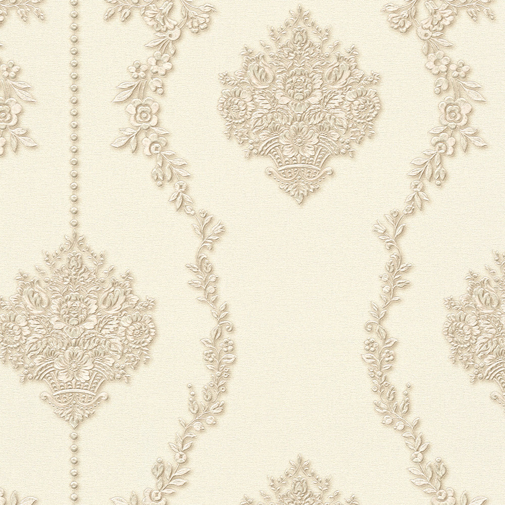             Opulent wallpaper with metallic decor & floral ornaments - beige
        