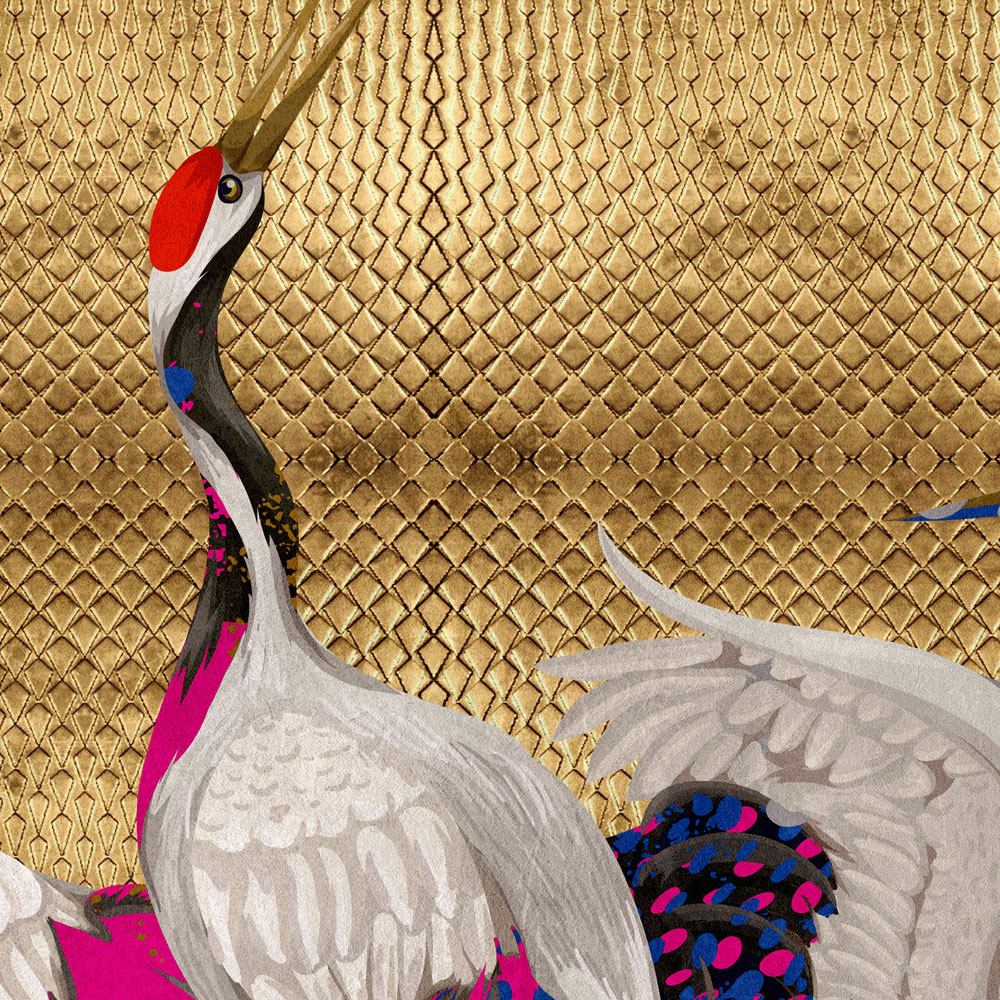             Land of Happiness 1 - Metallic wall mural gold with colourful crane motif
        