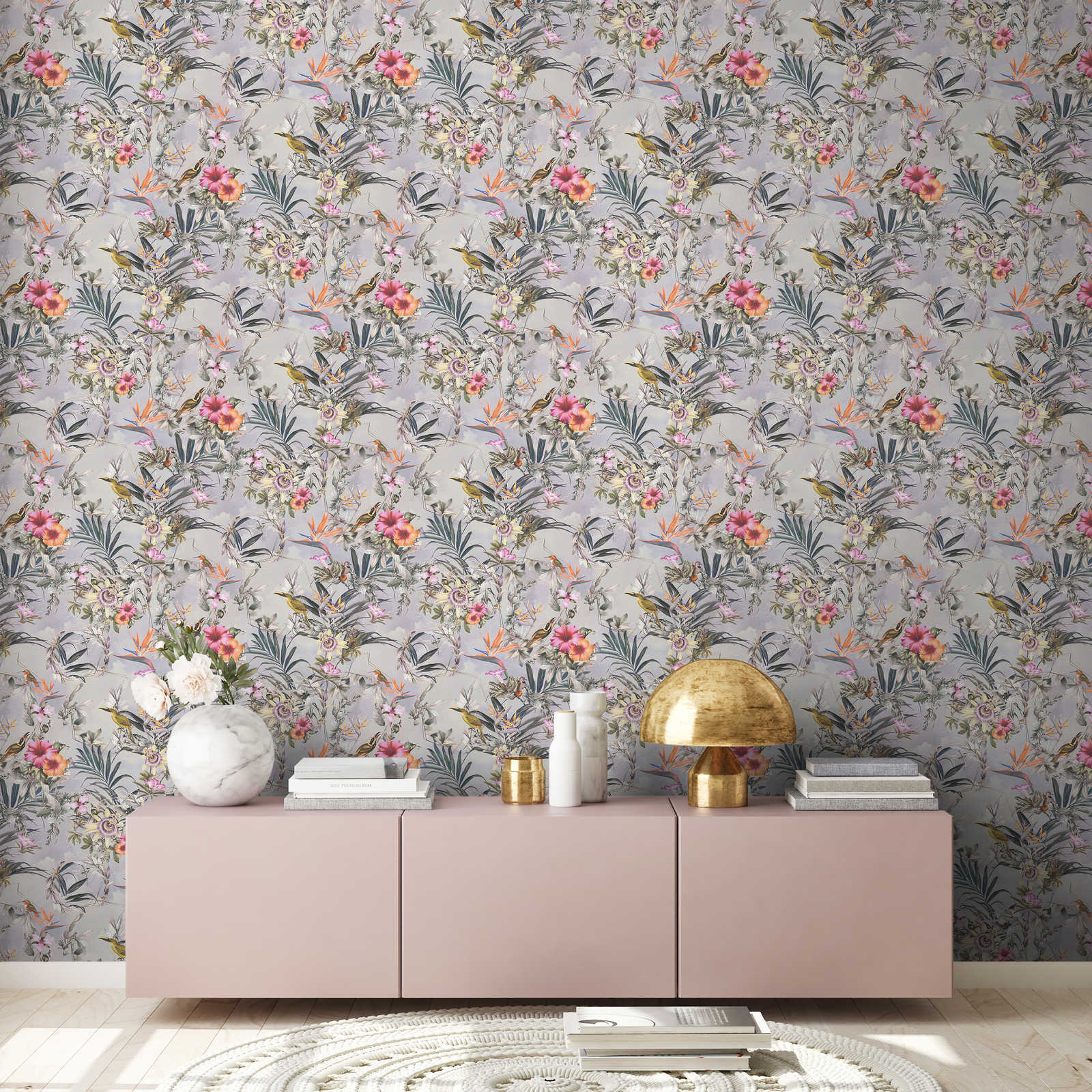             Flowers wallpaper exotic flowers & birds - grey, green, pink
        