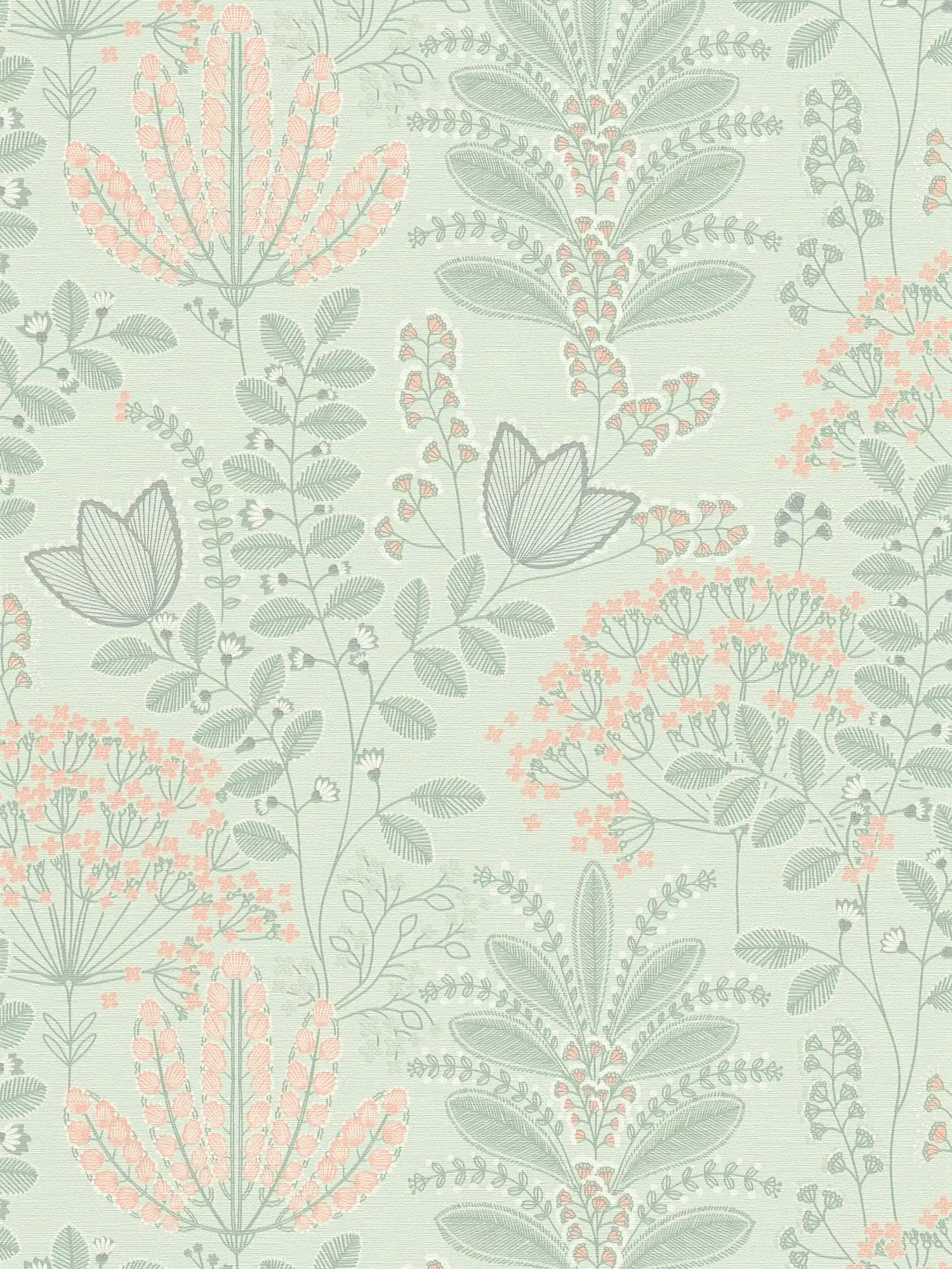 wallpaper floral with leaves in retro look light textured, matt - green, grey, pink

