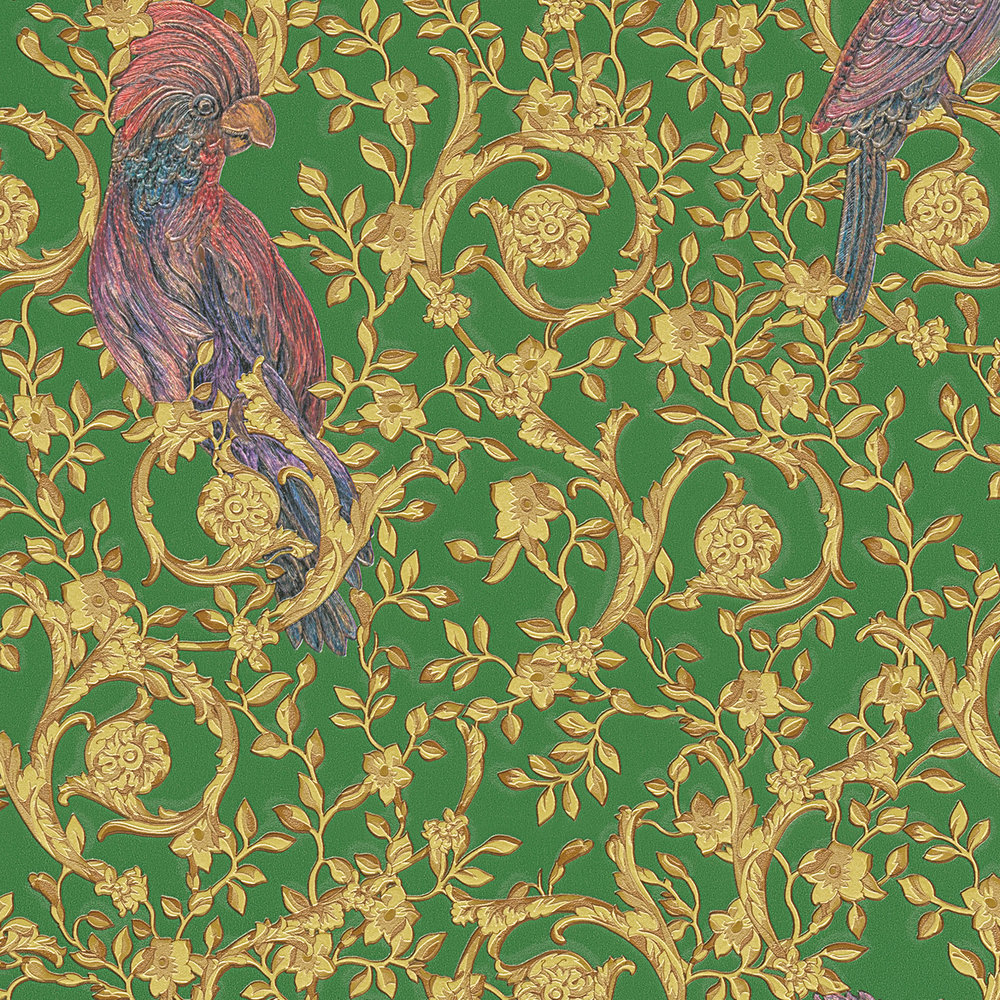             Papel pintado VERSACE Home pájaros del paraíso y acentos dorados - dorado, verde, morado
        
