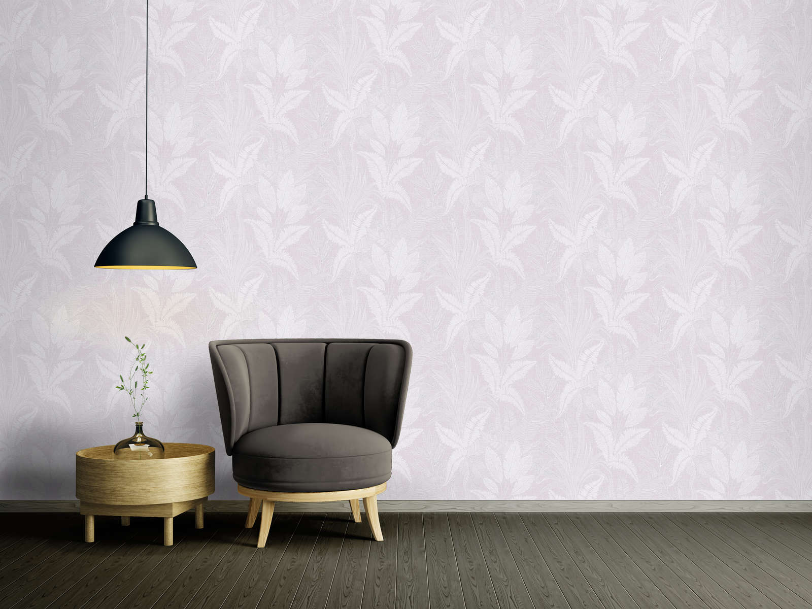             Non-woven wallpaper with large leaf pattern lightly textured - violet, white, grey
        