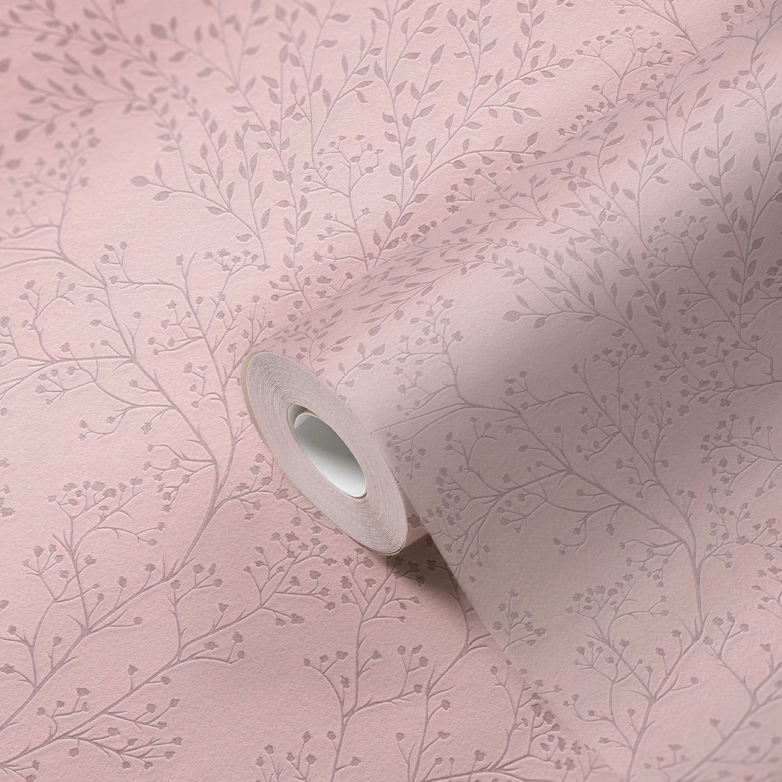             Effen roze behang met bladerenpatroon, glans & textuureffect
        