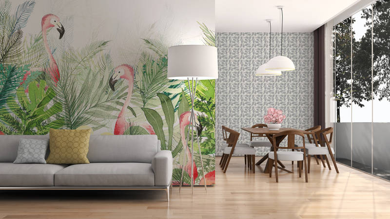             Watercolour photo wallpaper flamingo, leaves & flowers on structural non-woven
        