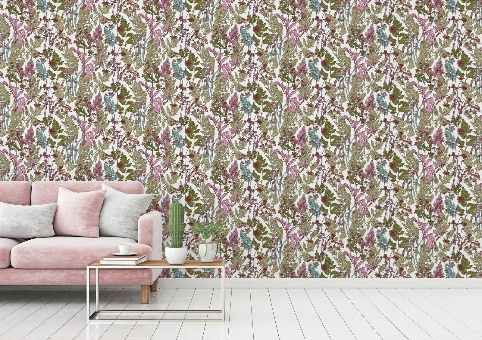             wallpaper leaves & flowers design in modern botanical style - colourful, green, blue
        
